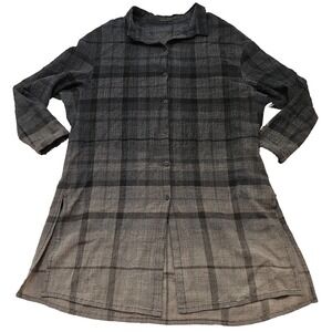 Annette Gortz Womens Sz S Grey Taupe 100% Wool Ombre Plaid Longline Tunic Shirt